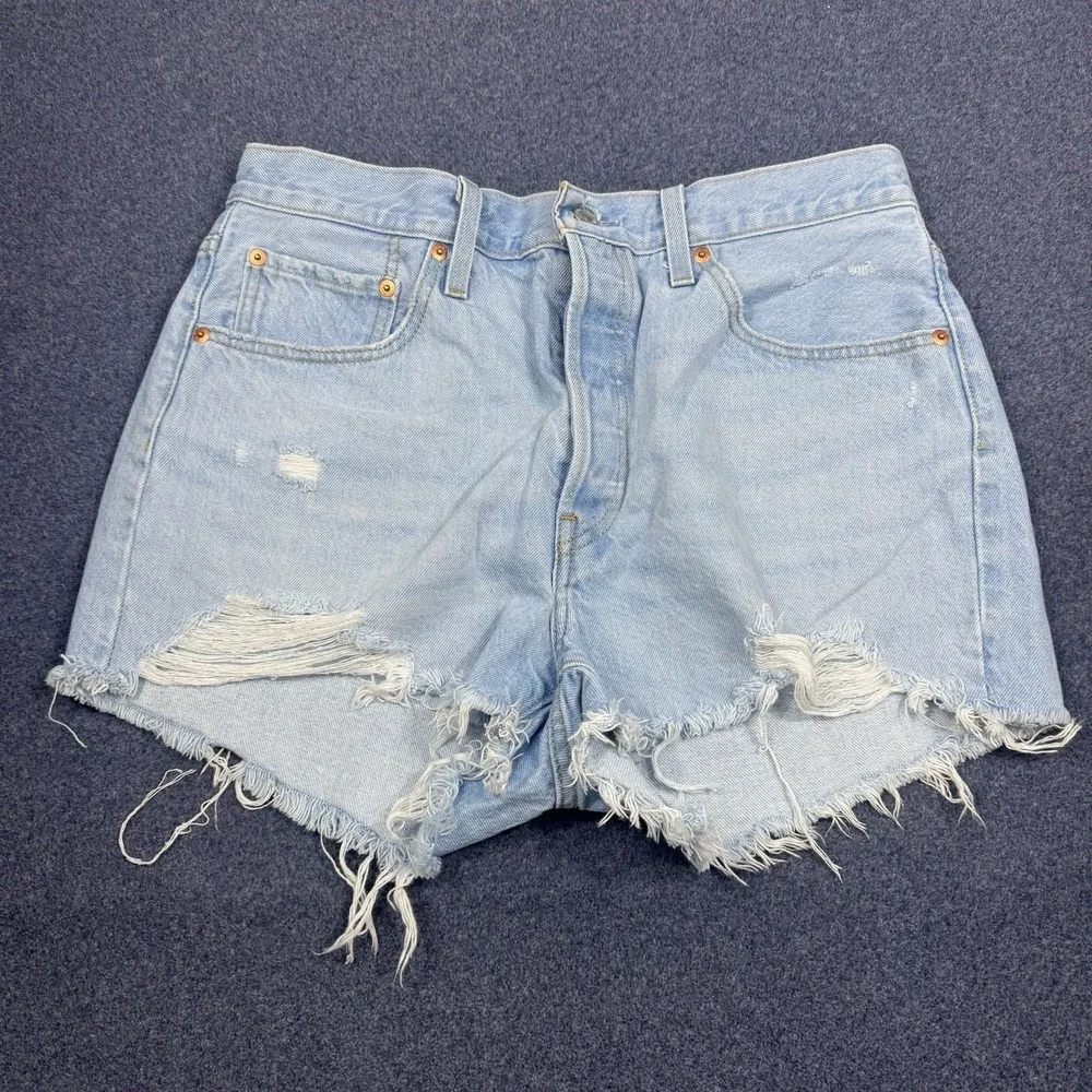 Levi's 501 Shorts Womens W32 Blue Denim High Rise Button Fly Distressed Cutoff